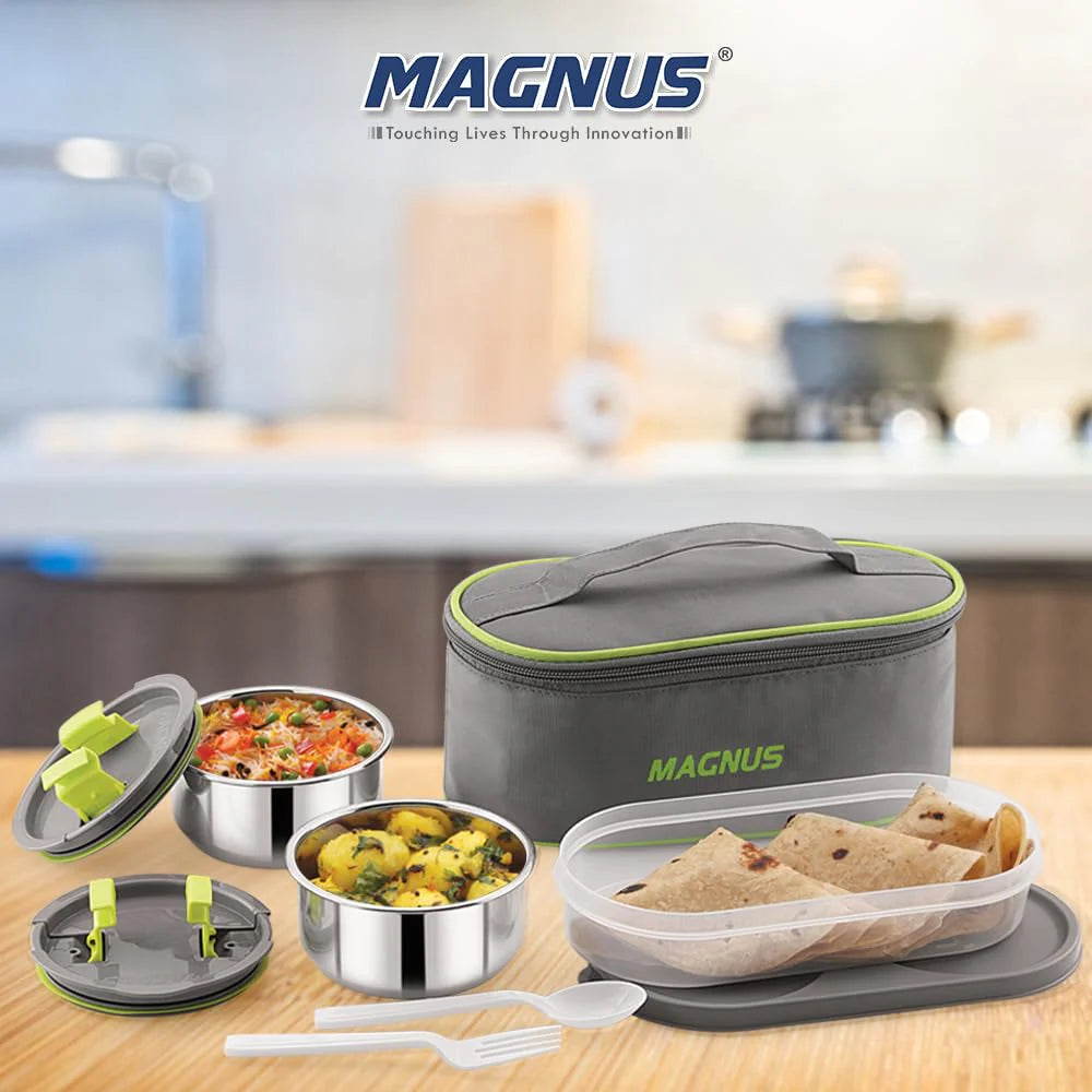 Olive-3 Stainless Steel Lunch Box Set – 3 Leak-Proof Containers with Insulated Thermal Bag | 950ml Airtight Tiffin for Office, School & Kids (Silver)