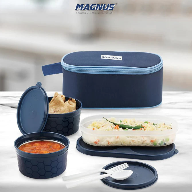 Feast 3 Microwave Safe Stainless Steel Lunch Box for Kids | Leakproof Tiffin with Insulated Cover | BPA-Free Containers | Lunch Boxes for Office Men Women | Hot Food Safe | Blue