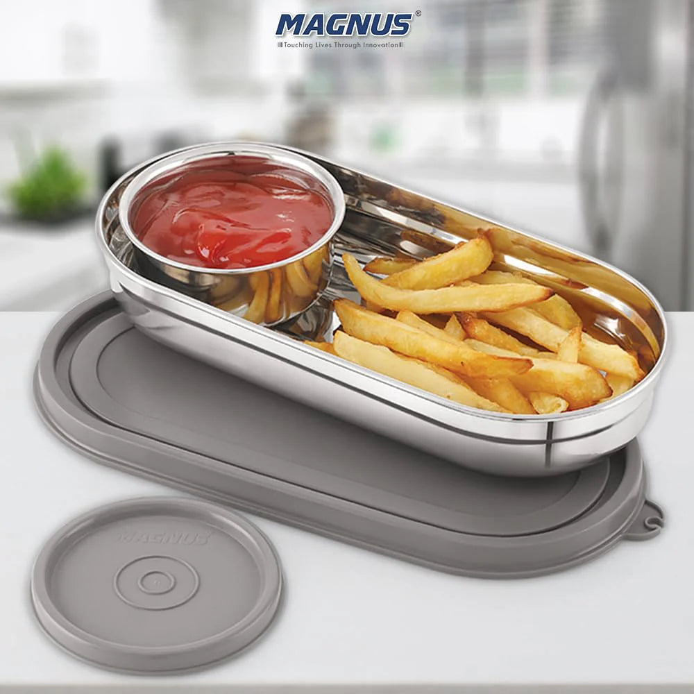 Easy Lock Stainless Steel Prime Oval & Chocolate Container Set – Airtight & Leakproof Tiffin for School, Office, Picnic | Lunch Box for Men, Women & Kids (Grey, 100ml & 450ml)