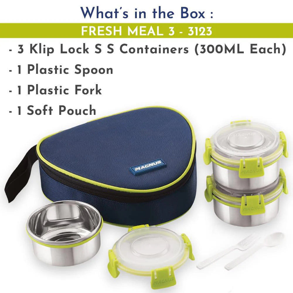 Fresh Meal 3 - Stainless Steel Lunch Box for Kids & Adults, Tiffin Box for Kids, Office, School | Klip Lock, Insulated Bag | Airtight, Leakproof & BPA-Free Food Container