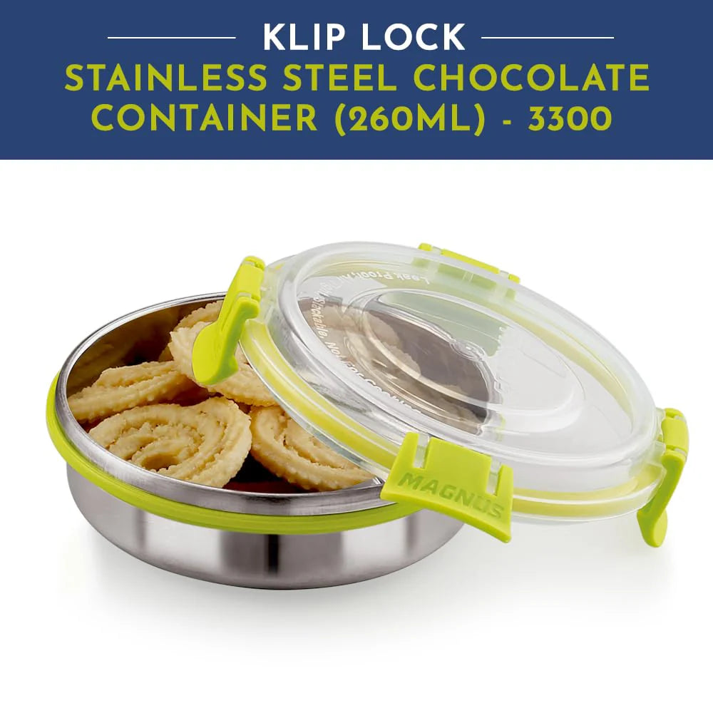 Klip Lock Stainless Steel Airtight Leakproof Storage Container 260ML – Compact Chocolate Container, Ideal Lunch Box for Office Men, Women & Kids