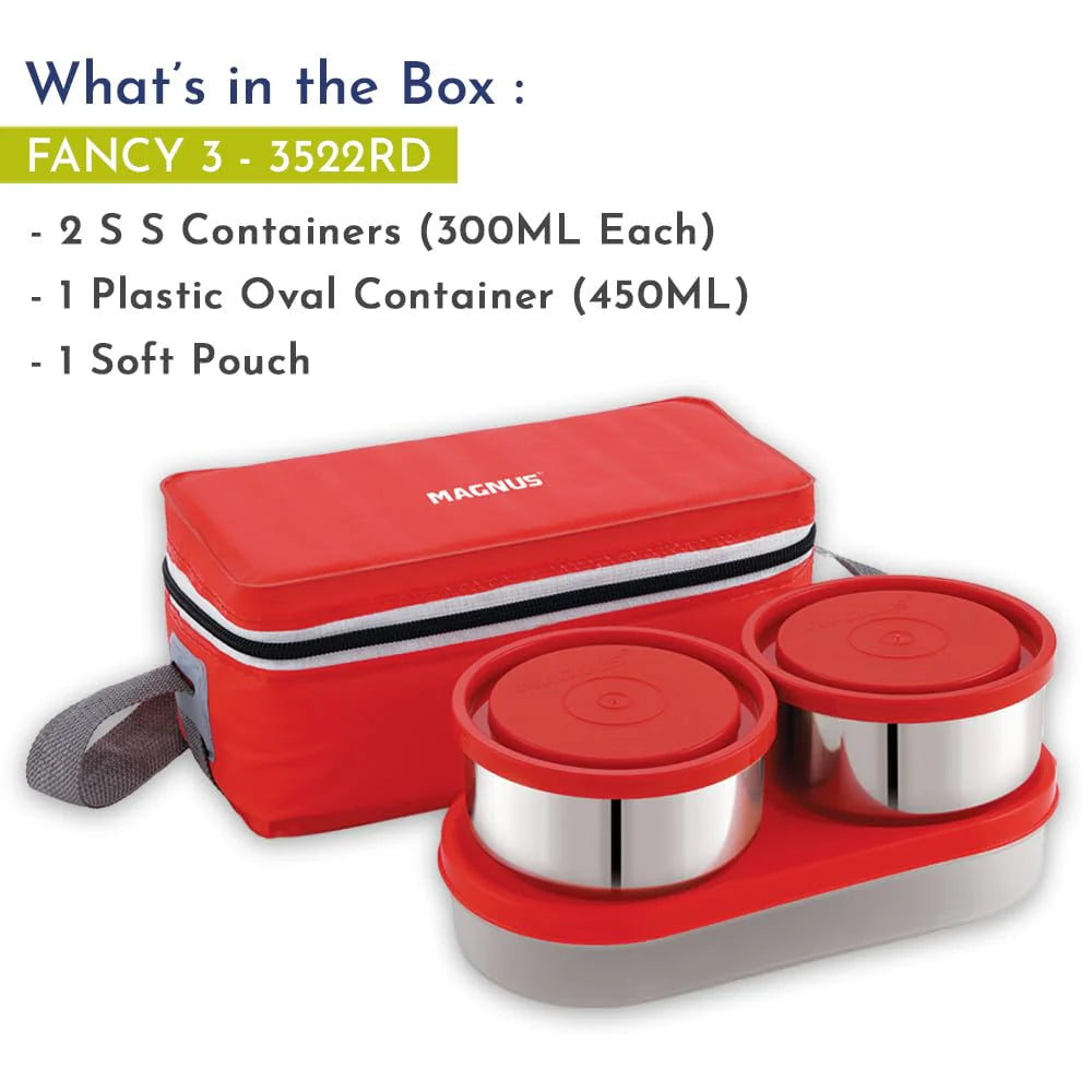 Fancy-3 Stainless Steel Lunch Box Set – 3 Leak-Proof Containers with Stylish Red Carry Bag | 3 Compartments, Washable Cover | Lunch Box for Kids & Office Men | Safe & Durable Design