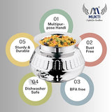 Mukti Stainless Steel Food Storage Handis & Cooking Pots|Curry Pots, Gravy, Rice Patilas, Biryani Kadhai & Topes|Khichdi King Pracheen with Lid|1100ml x 1pc