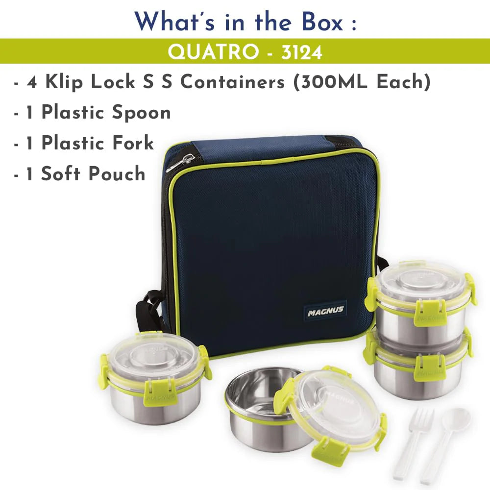 Quatro 4-Piece Stainless Steel Lunch Box Set | Leakproof & Airtight Containers with Insulated Bag | BPA-Free Tiffin for Office, School, Kids, Men & Women