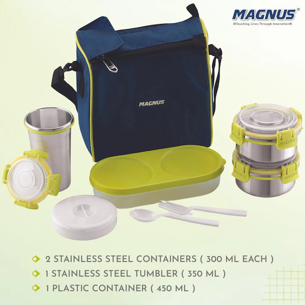 Nexus 5 Stainless Steel Lunch Box Set with Insulated Bag | 5 Leakproof & Airtight Containers | BPA-Free Tiffin for Office, School, Kids, Men & Women – Blue