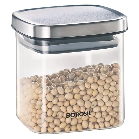 Borosil 600 ml Classic Square Jar with Stainless Steel Lid | Borosilicate Glass, Air-Tight Lid | Storage Container for Kitchen, Glass Jar for Storing Spices, Dals, Grains, Rice | Transparent