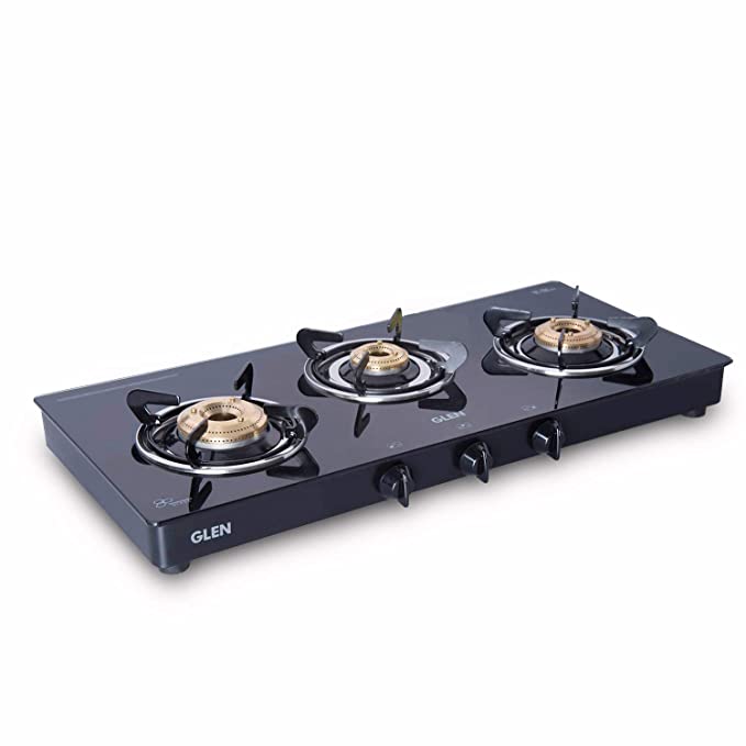 Glen 1033 GTXL BB BL| 3 Burner Glass Gas Stove with Brass Burner Black