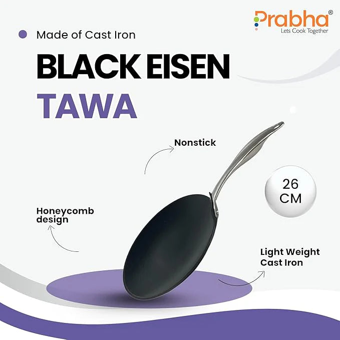 Prabha Black Eisen Cast Iron Roti Tawa With Steel Handle