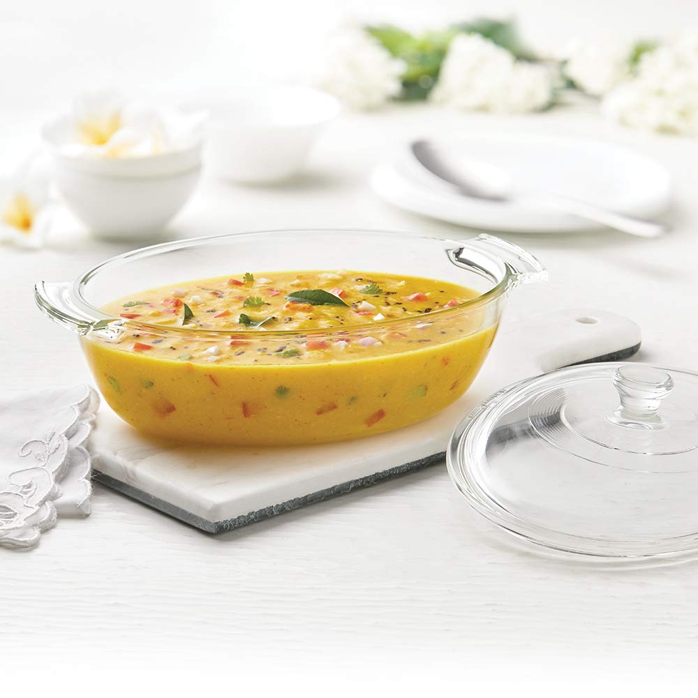 Solid Glass Deep Oval Oven and Microwave Safe Serving Bowl/Casserole with Glass Lid, (1300 ml, Transparent)