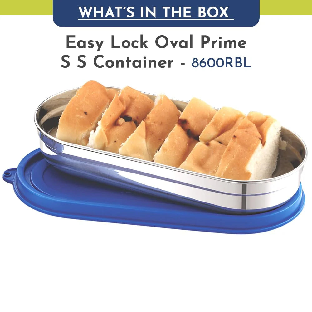Easy Lock Oval Prime Stainless Steel Container – Airtight & Leakproof Lid for School, Office, Picnic | Ideal for Men, Women & Kids (Royal Blue, 450ml)