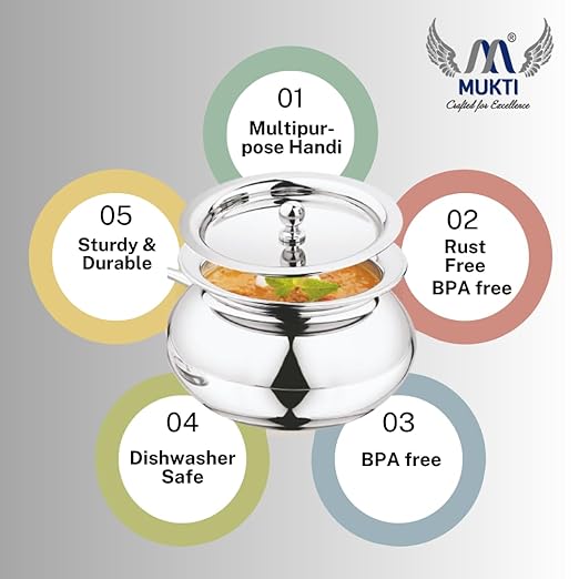 Mukti Stainless Steel Food Storage Handis & Cooking Pots|Curry Pots, Gravy, Rice Patilas, Biryani Kadhai & Topes|Zaika Handi with Lid|1750ml x 1pc