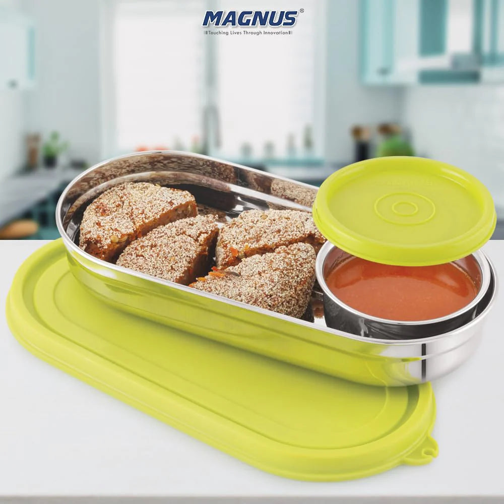 Easy Lock Stainless Steel Prime Oval & Chocolate Container Set – Airtight & Leakproof Tiffin for School, Office, Picnic | Lunch Box for Men, Women & Kids (Green, 100ml & 450ml)