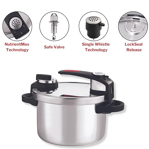 Vinod Stainless steel Nutrimax Pressure Cooker 5.5 Litre | Sas Technology | Spillage Control, Unique Lid, Auto Lock, Visual Indicator | Induction And Gas Base | Isi Certified