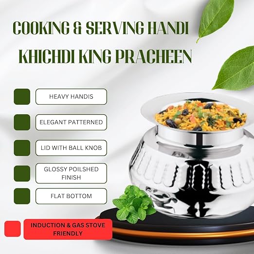 Mukti Stainless Steel Food Storage Handis & Cooking Pots|Curry Pots, Gravy, Rice Patilas, Biryani Kadhai & Topes|Khichdi King Pracheen with Lid|1100ml x 1pc