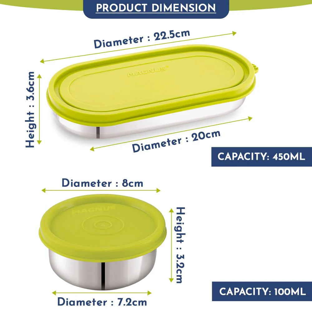 Easy Lock Stainless Steel Prime Oval & Chocolate Container Set – Airtight & Leakproof Tiffin for School, Office, Picnic | Lunch Box for Men, Women & Kids (Green, 100ml & 450ml)
