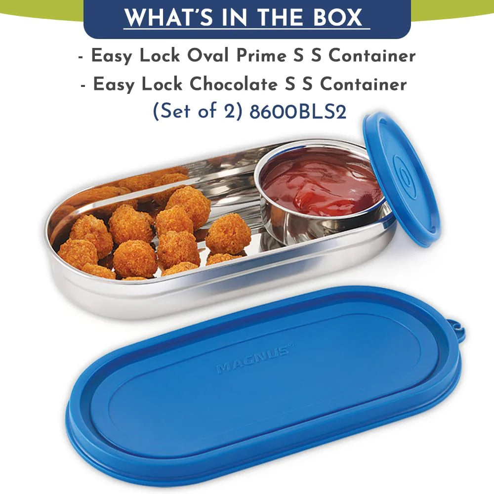 Easy Lock S S Prime Oval & Chocolate Container | Airtight & Leakproof Lid | Tiffin for School, Office, Picnic | Ideal Lunch Boxes for Men, Women, and Kids (Blue, 100ml, 450ml)
