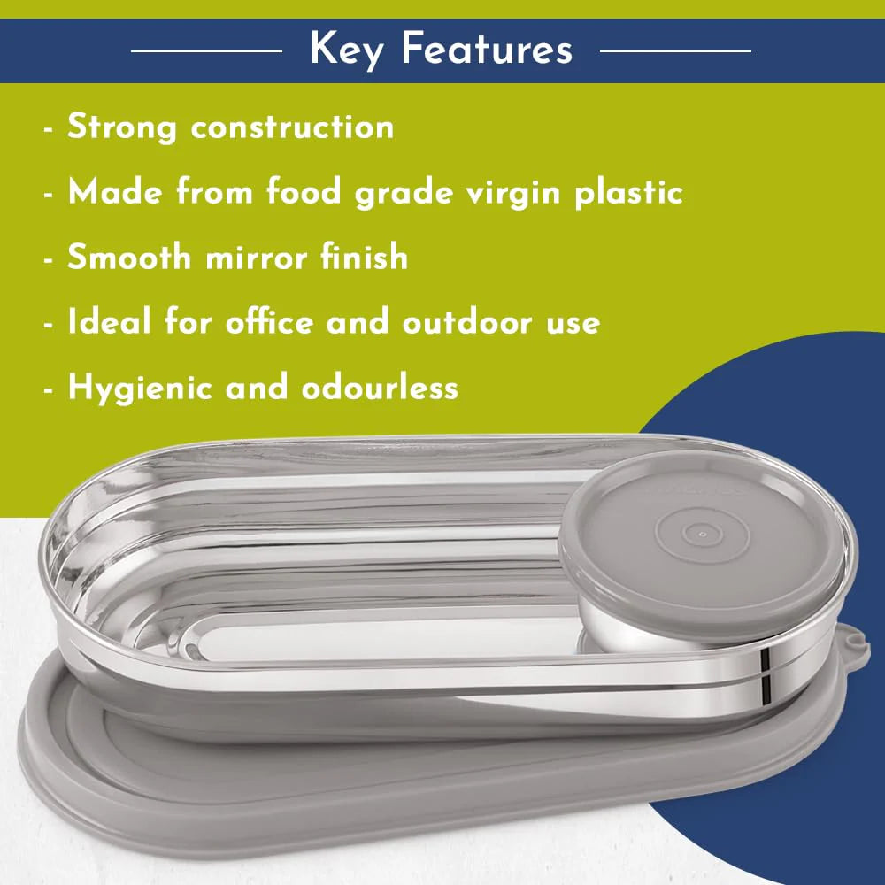 Easy Lock Stainless Steel Prime Oval & Chocolate Container Set – Airtight & Leakproof Tiffin for School, Office, Picnic | Lunch Box for Men, Women & Kids (Grey, 100ml & 450ml)