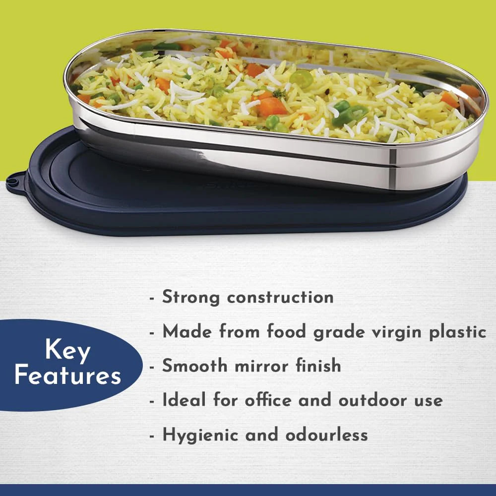 Easy Lock Oval Prime Stainless Steel Container – Airtight & Leakproof Lid for School, Office, Picnic | Ideal for Men, Women & Kids (Dark Blue, 450ml)