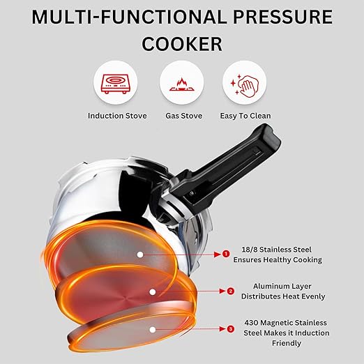 Vinod Platinum Triply Stainless Steel Outer Lid Pressure Cooker - 2 Liter, Induction Friendly, ISI Certified, Small Pressure Cooker for Quick Meals, Silver