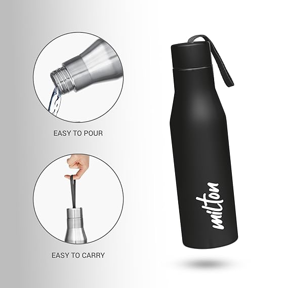 Milton Super 1000 Stainless Steel Water Bottle 1 ltr, Single Walled, ISI Certified I Leak Proof Lid, Rust Proof I For School, Office, Gym I Black