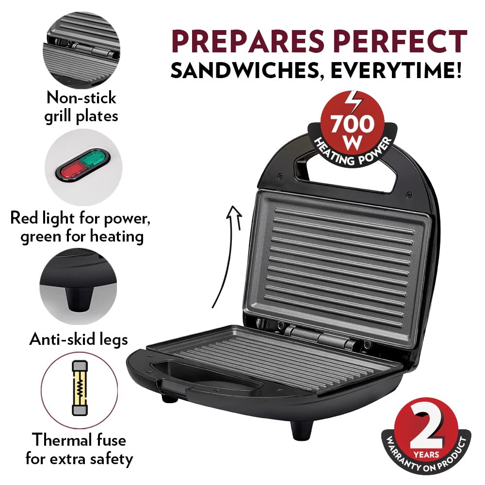 Borosil Neo Grill Sandwich Maker 700 W, opens 90°