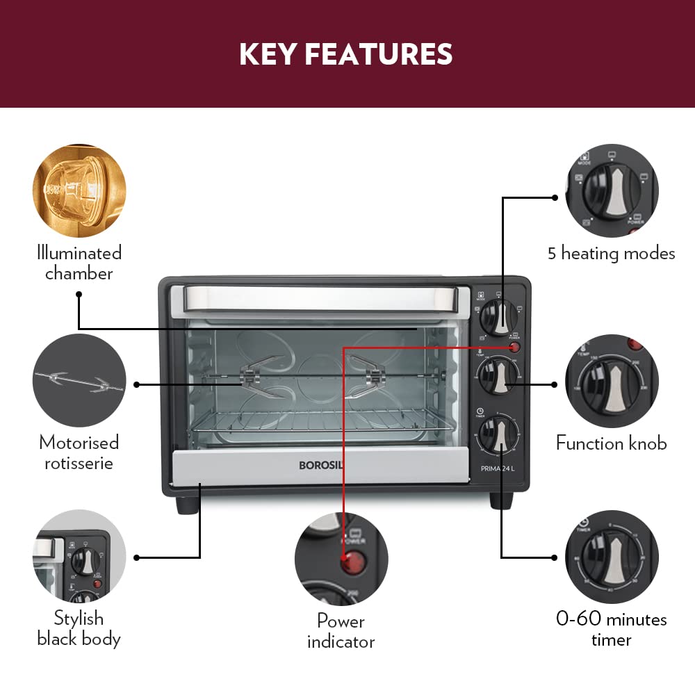 Borosil Prima 24L Oven Toaster Griller (OTG) Motorized Rotisserie