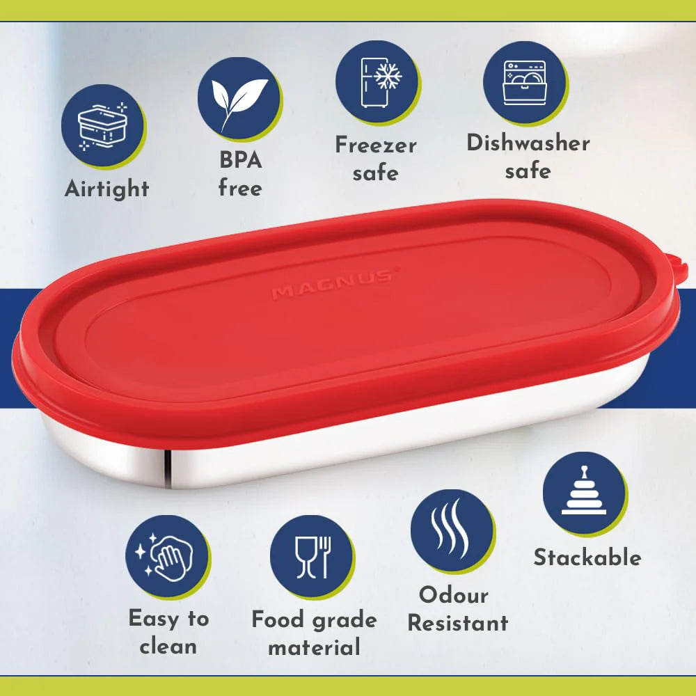 Easy Lock Stainless Steel Prime Oval & Chocolate Container Set – Airtight & Leakproof Tiffin for School, Office, Picnic | Lunch Box for Men, Women & Kids (Red, 100ml & 450ml)
