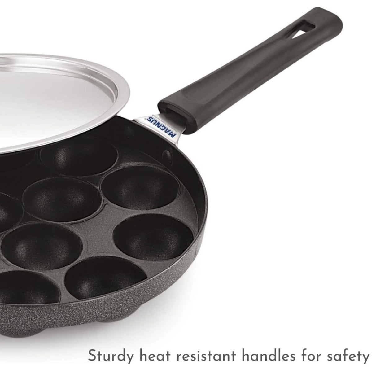 Appam Patra with Stainless Steel Lid | 12 Cavity Non-Stick Pan | Induction Friendly | Heavy Duty Aluminum | Single Handle with SS Lid | Appam Pan | Litti Maker | Black