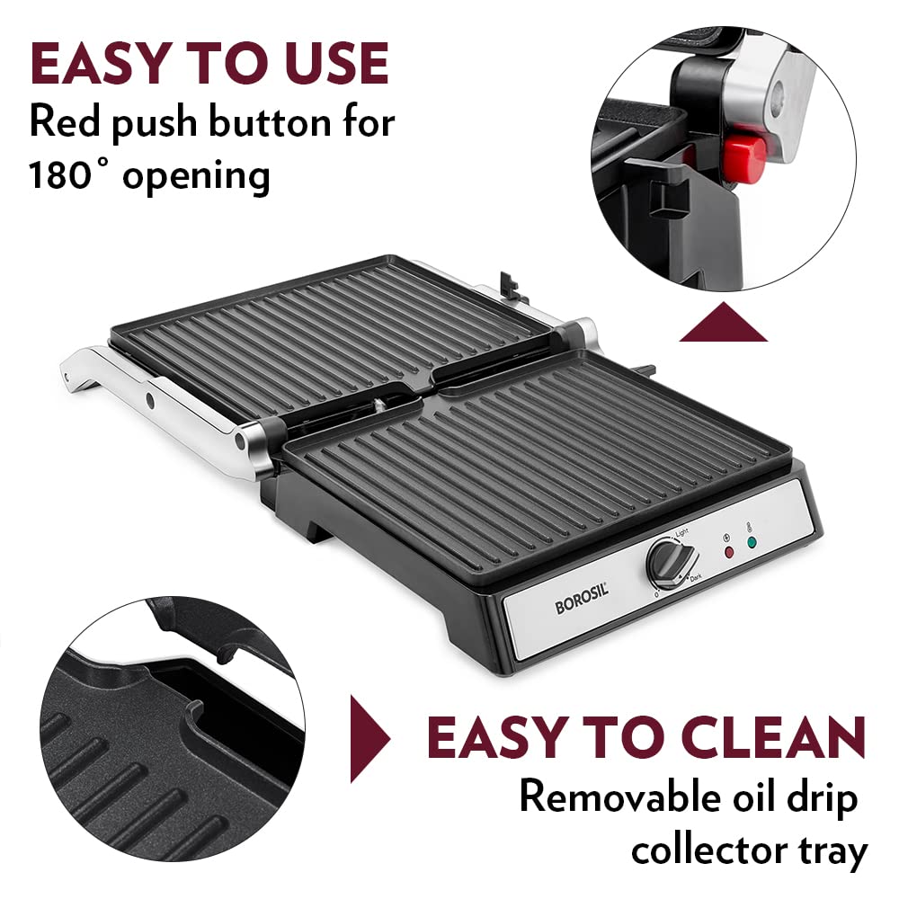 Borosil Super Jumbo 180 Grill Sandwich Maker 2000 W, opens 180°
