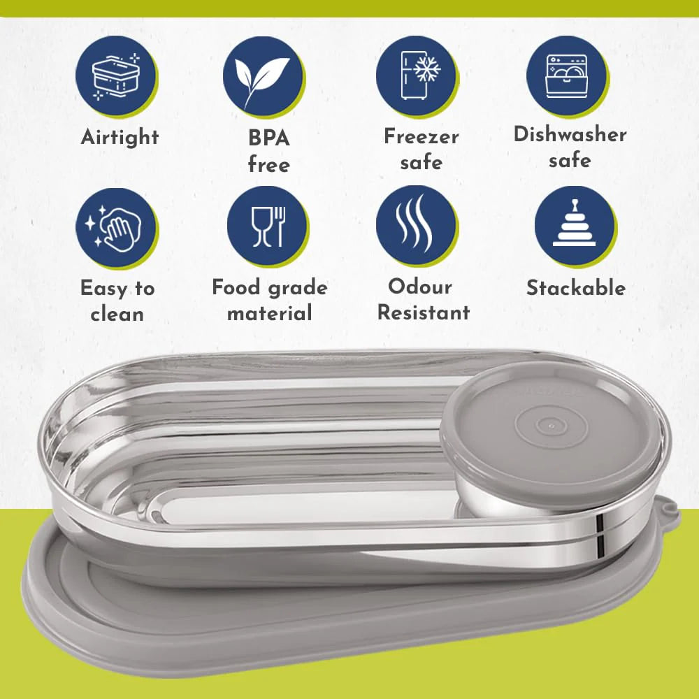 Easy Lock Stainless Steel Prime Oval & Chocolate Container Set – Airtight & Leakproof Tiffin for School, Office, Picnic | Lunch Box for Men, Women & Kids (Grey, 100ml & 450ml)