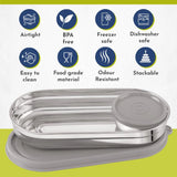 Easy Lock Stainless Steel Prime Oval & Chocolate Container Set – Airtight & Leakproof Tiffin for School, Office, Picnic | Lunch Box for Men, Women & Kids (Grey, 100ml & 450ml)