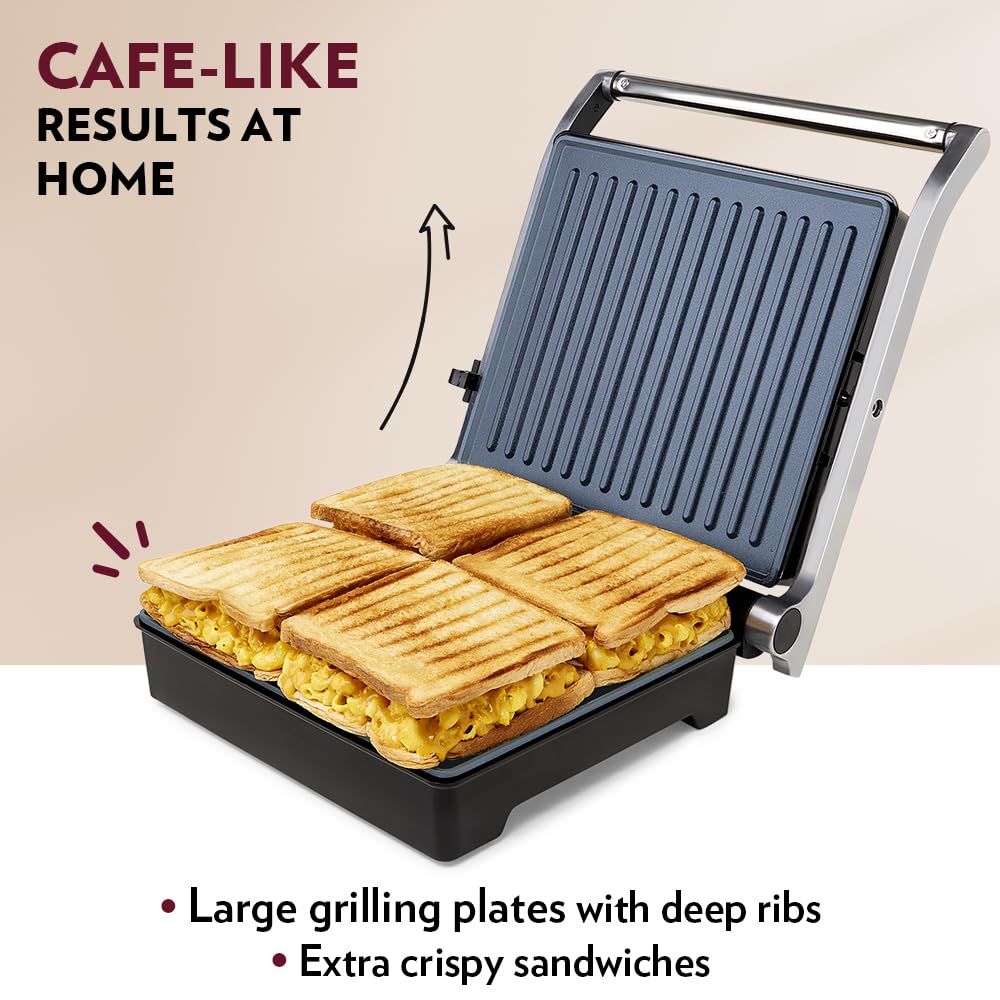 Borosil Jumbo 180° Grill Sandwich Maker 1500 W, opens 180°, 4 sandwiches