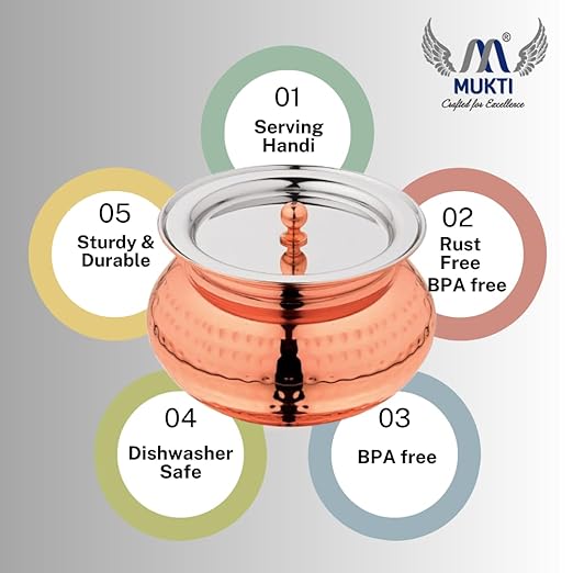Mukti Stainless Steel Food Storage Handis & Cooking Pots|Curry Pots, Gravy, Rice Patilas, Biryani Kadhai & Topes|Zaika Texture Gold Handi with Lid|3000ml x 1pc