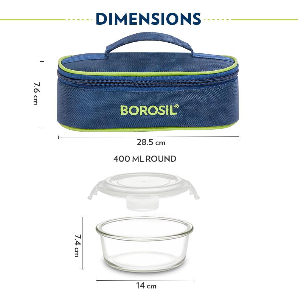 Borosil Klip n Store Lunchbox with Bag | Set of 2 (400ml Each) | Borosilicate Glass, Round, Horizontal | Microwave & Dishwasher Safe, Leakproof | Tiffin for Office, School, College | Blue, Transparent