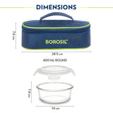 Borosil Klip n Store Lunchbox with Bag | Set of 2 (400ml Each) | Borosilicate Glass, Round, Horizontal | Microwave & Dishwasher Safe, Leakproof | Tiffin for Office, School, College | Blue, Transparent