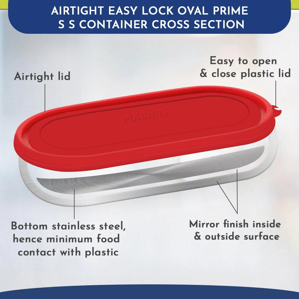 Easy Lock Stainless Steel Prime Oval & Chocolate Container Set – Airtight & Leakproof Tiffin for School, Office, Picnic | Lunch Box for Men, Women & Kids (Red, 100ml & 450ml)