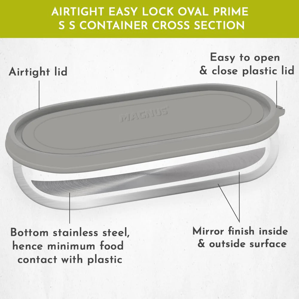 Easy Lock Stainless Steel Prime Oval & Chocolate Container Set – Airtight & Leakproof Tiffin for School, Office, Picnic | Lunch Box for Men, Women & Kids (Grey, 100ml & 450ml)
