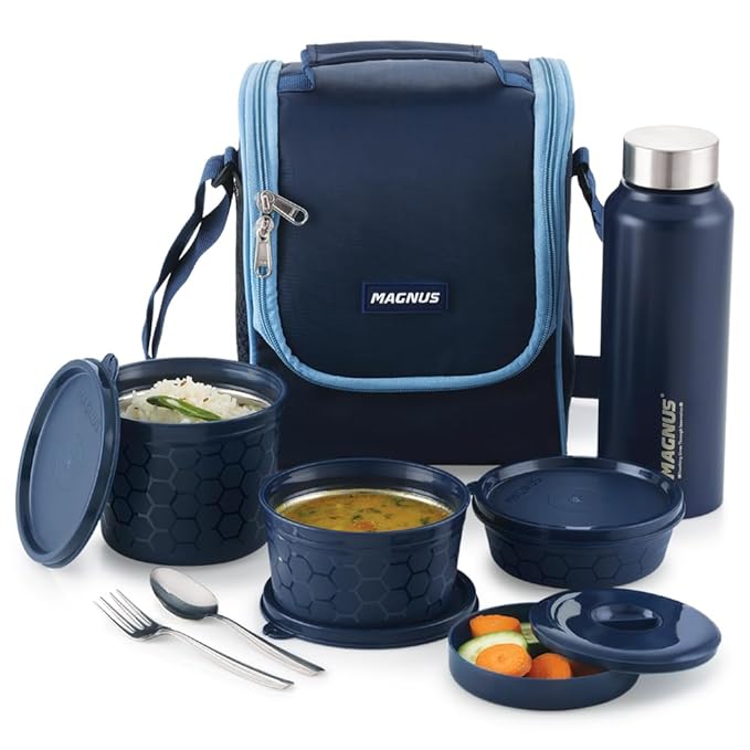 Microwave EVA 5 Lunch Box (Blue) – 3 Containers, Small Box, Bottle, Cutlery