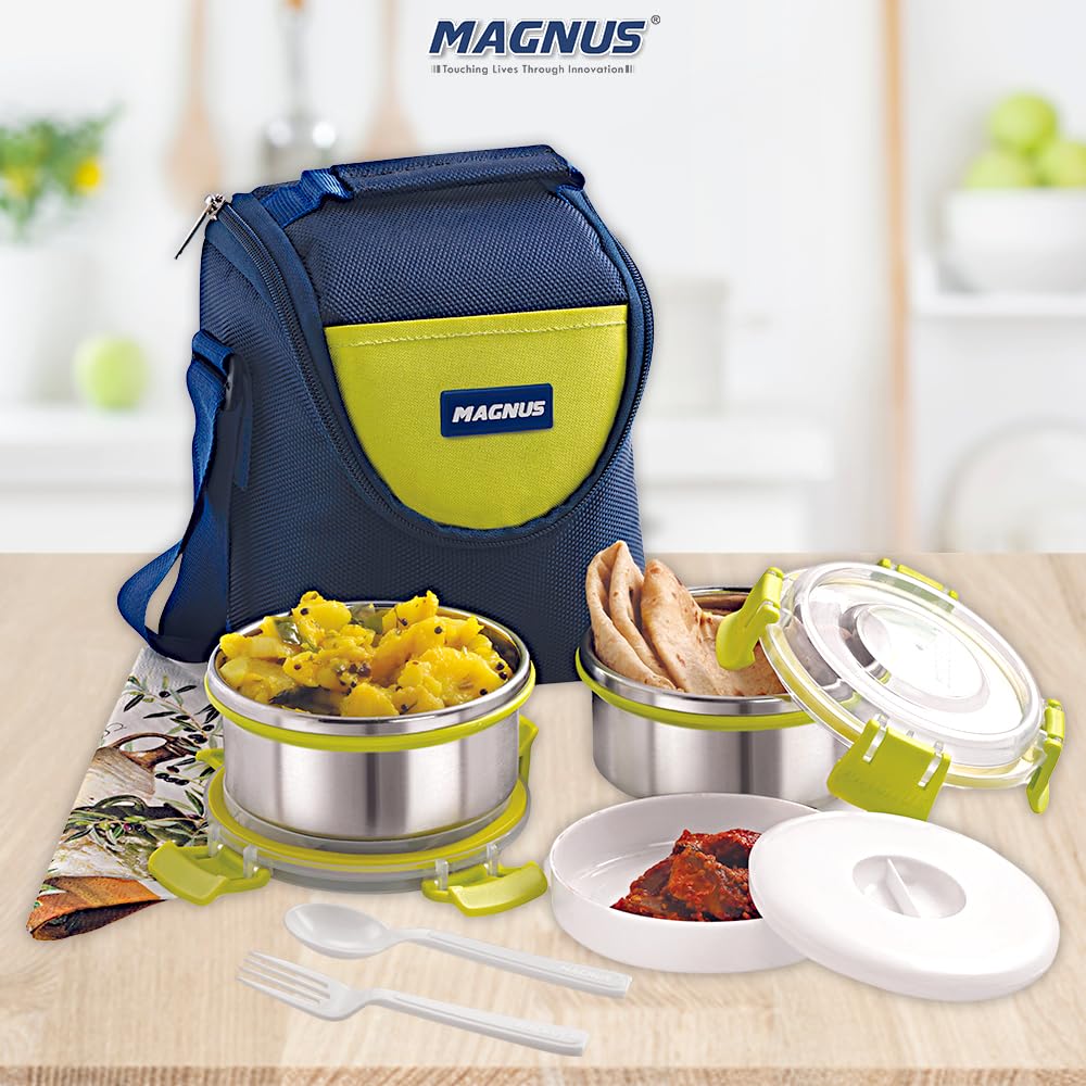 Aura 2-Piece Stainless Steel Lunch Box Set with Tiffin Bags, Utensils & Pouch | Airtight, Leakproof Containers | Lunch Box for Kids, Office Men, Women, School | BPA-Free