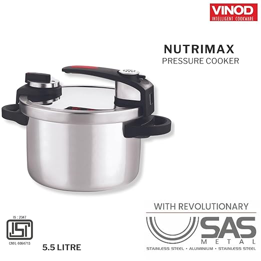 Vinod Stainless steel Nutrimax Pressure Cooker 5.5 Litre | Sas Technology | Spillage Control, Unique Lid, Auto Lock, Visual Indicator | Induction And Gas Base | Isi Certified