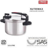 Vinod Stainless steel Nutrimax Pressure Cooker 5.5 Litre | Sas Technology | Spillage Control, Unique Lid, Auto Lock, Visual Indicator | Induction And Gas Base | Isi Certified