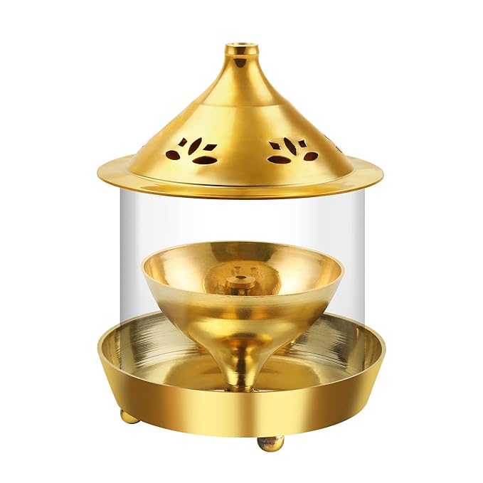Treo Shubham Brass Diya with Borosilicate Glass Cover, Large