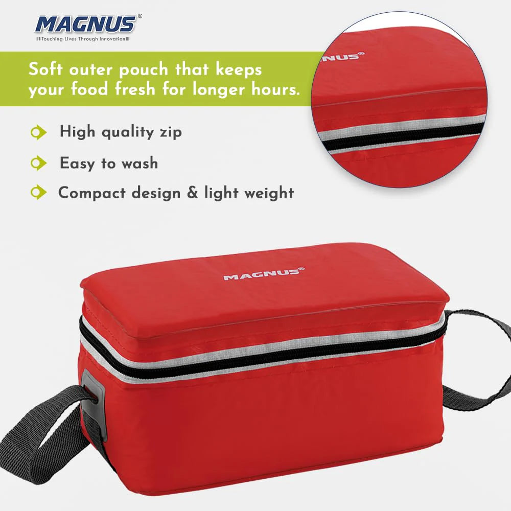 Fancy-3 Stainless Steel Lunch Box Set – 3 Leak-Proof Containers with Stylish Red Carry Bag | 3 Compartments, Washable Cover | Lunch Box for Kids & Office Men | Safe & Durable Design