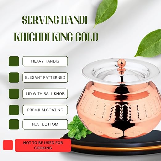 Mukti Stainless Steel Food Storage Handis & Cooking Pots|Curry Pots, Gravy, Rice Patilas, Biryani Kadhai & Topes|Khichdi King Gold with Lid|1100ml x 1pc