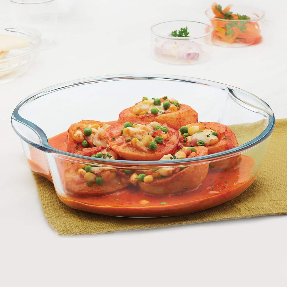 2.5 Baking Dish Set with Handle | Round Shape Bowl Container | Borosilicate Glass Bake and Serve Dish Tray | Microwave, Oven & Dishwasher Safe | Transparent