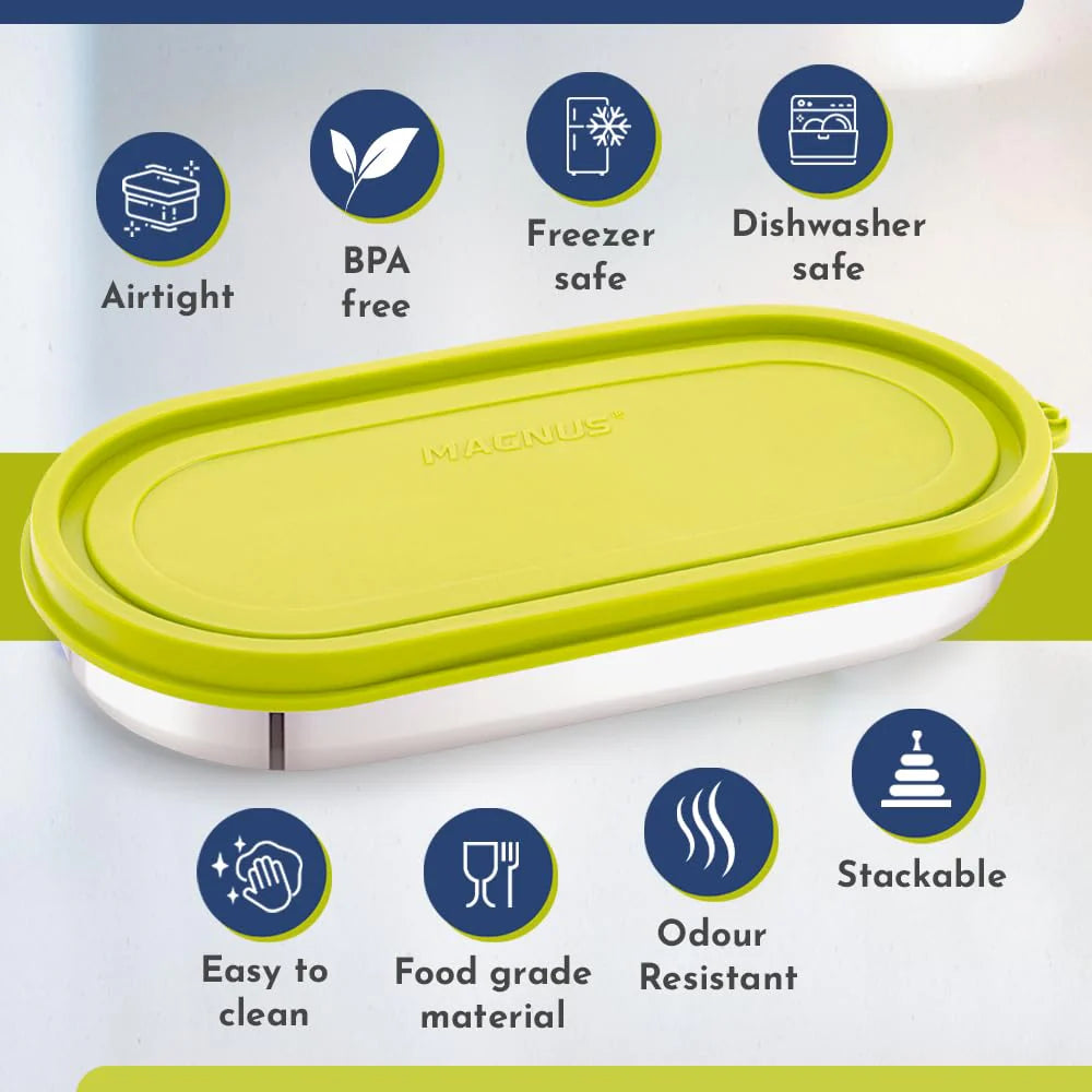Easy Lock Stainless Steel Prime Oval & Chocolate Container Set – Airtight & Leakproof Tiffin for School, Office, Picnic | Lunch Box for Men, Women & Kids (Green, 100ml & 450ml)