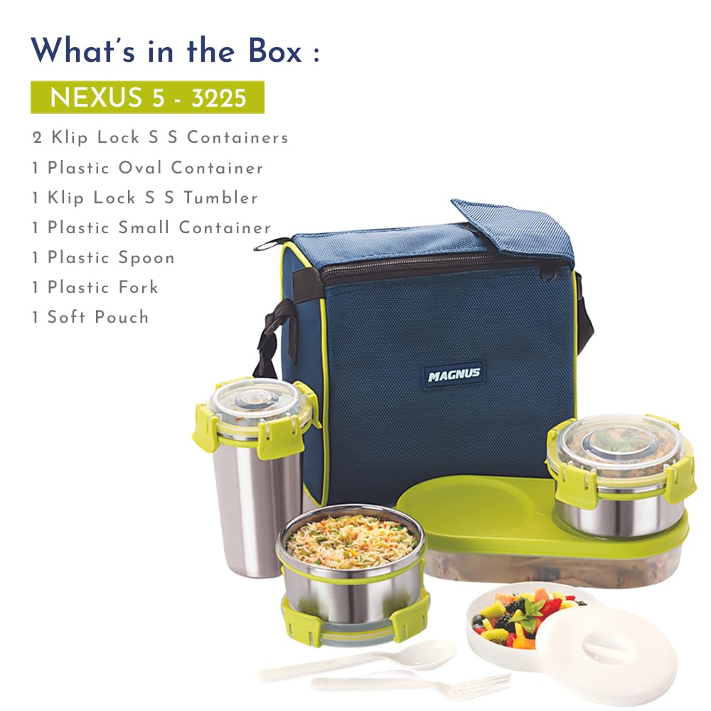Nexus 5 Stainless Steel Lunch Box Set with Insulated Bag | 5 Leakproof & Airtight Containers | BPA-Free Tiffin for Office, School, Kids, Men & Women – Blue