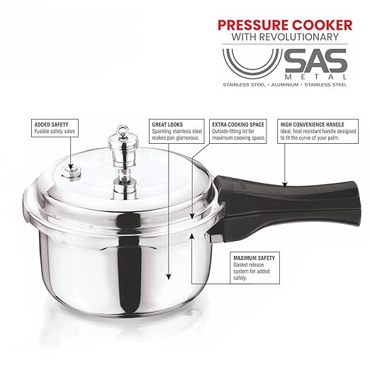 Vinod Platinum Triply Stainless Steel Outer Lid Pressure Cooker - 2 Liter, Induction Friendly, ISI Certified, Small Pressure Cooker for Quick Meals, Silver