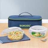 Borosil Klip n Store Lunchbox with Bag | Set of 2 (400ml Each) | Borosilicate Glass, Round, Horizontal | Microwave & Dishwasher Safe, Leakproof | Tiffin for Office, School, College | Blue, Transparent