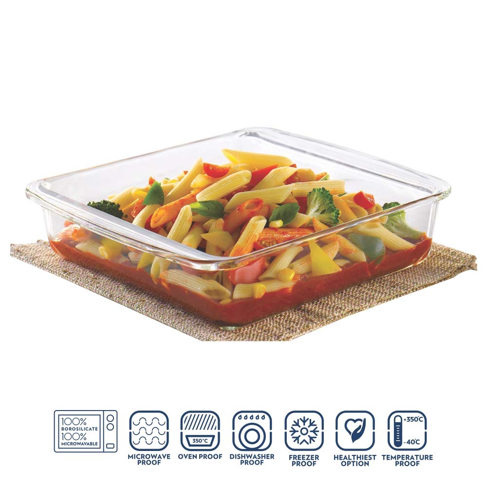 Borosil - Ih77Gs03702 Glass Mixing Bowl and Square Dish with Lid Set, 2-Pieces, Transparent Ih22Dh12216 Glass Baking Dish 1.3 L, Microwave Safe & Oven Safe